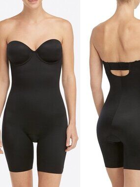 SPANX Assets Strapless Cupped Mid Thigh Bodysuit Black Size XL